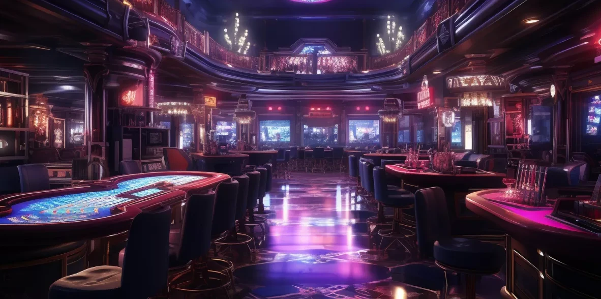 Empty Multicasino gambling hall with roulette tables and a bar