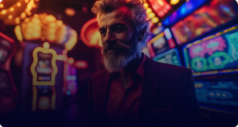 A figure stands immersed in the vibrant, neon glow of a Multicasino night